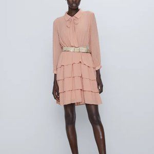 Zara Belted Dotted Ruffle Dress Peach size XS